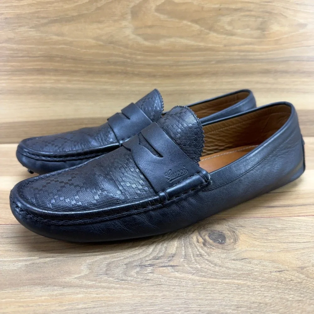 GUCCI GG GUCCISSIMA Driver Penny Loafers Mens US 10 UK 9 G Black Leather Travel
